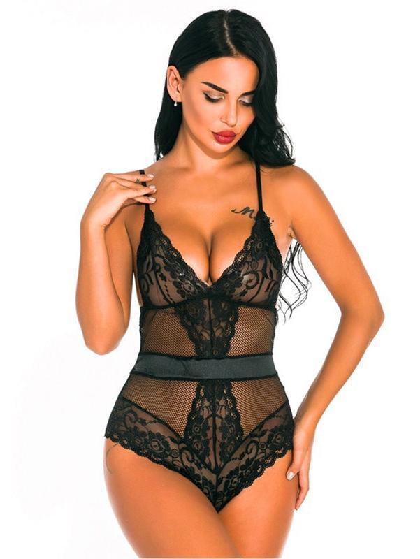 Women's new lace mesh hollowed-out onesie